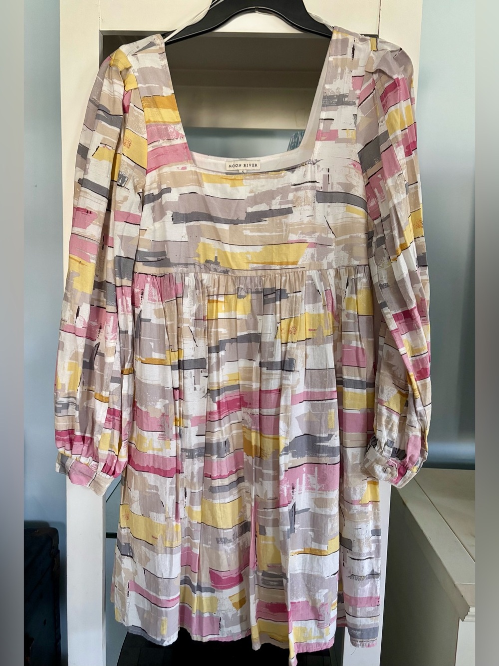 Moon River Pink, Yellow & Gray Abstract Babydoll Long-Sleeve Dress Small